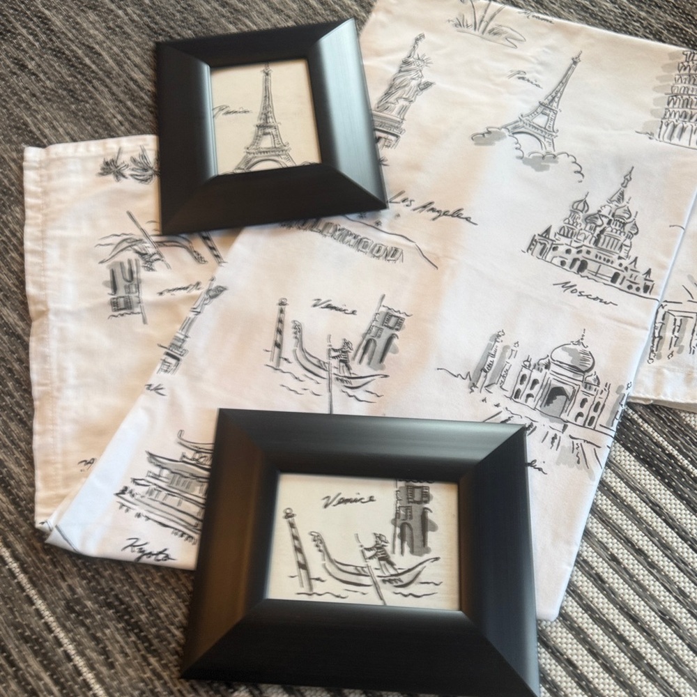 Black Framed Art and “Cities of the World” shower curtain.
